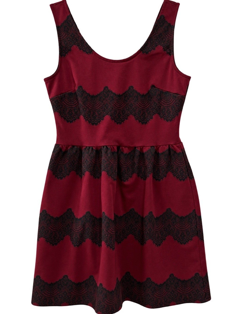 Soprano Burgundy & Black Lace Print Skater Dress – Sleeveless Fit & Flare Fall